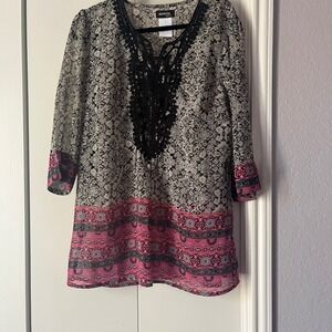 Ambria Selection Tunic Dress Bohemian Lace Trim Pink Print Size‎ 12